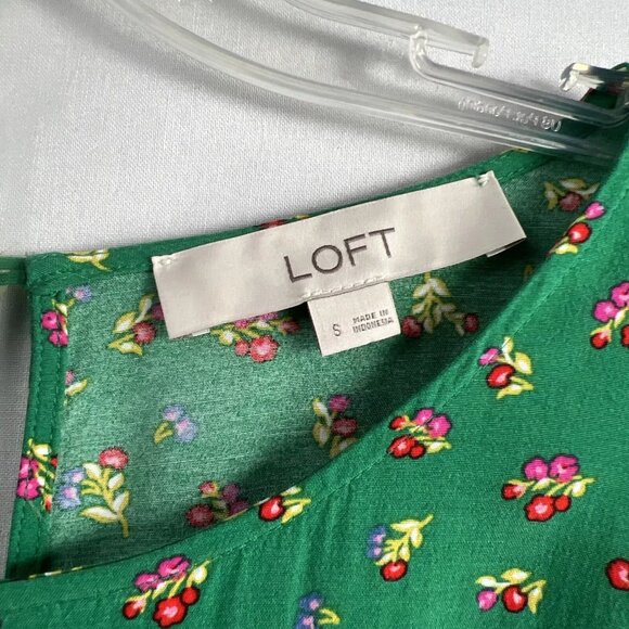 Loft Dress Floral Cap Sleeve Ruffled Hem Drawstring Elastic Waist Size S Green - Picture 7 of 8